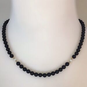 Vintage Imperial-Deltah Onyx Bead Necklace 14K Gold Clasp Pearls Signed IPS